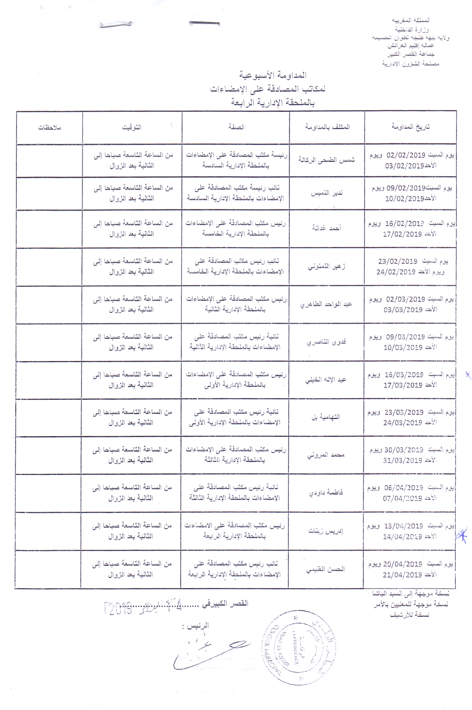 المداومة الاسبوعية لمكاتب المصادقة على الامضاءات بالملحقة الادارية الرابعة
