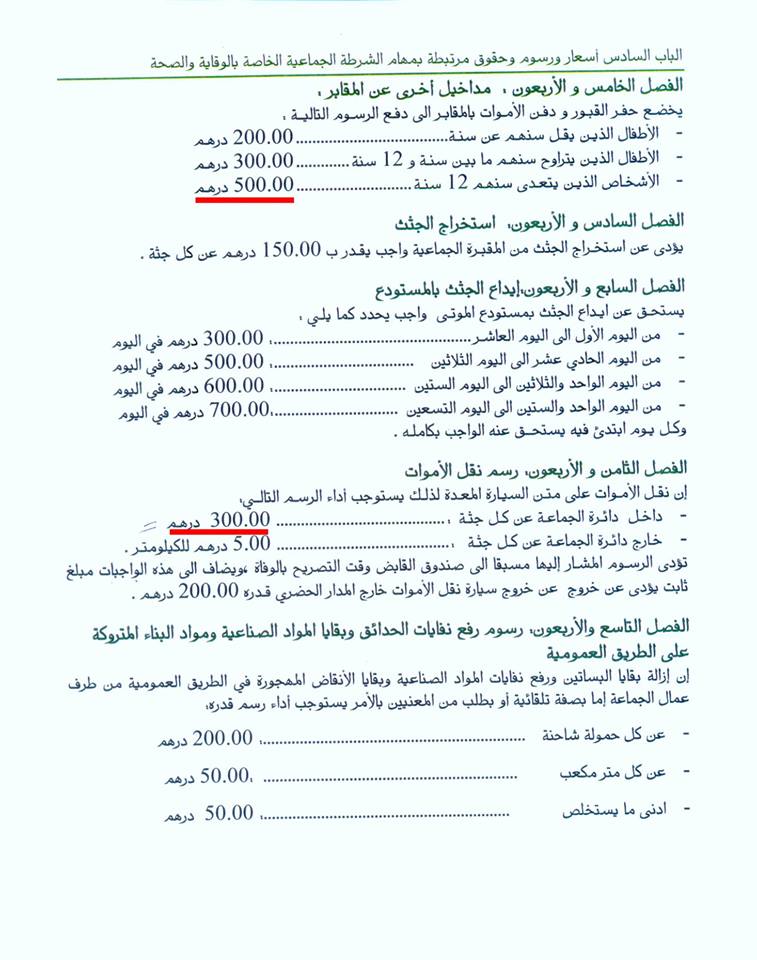 توضيح بخصوص تعرفة الدفن بالمقبرة النموذجية الضريسية