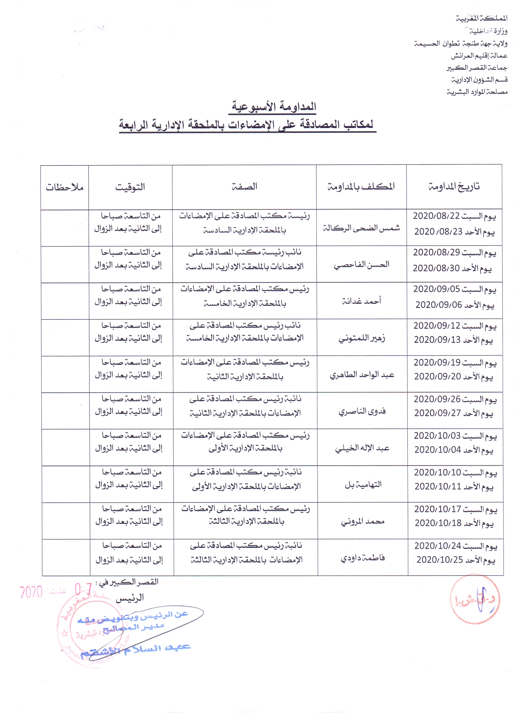 المداومة الاسبوعية لمكاتب المصادقة على الامضاءات بالملحقة الادارية الرابعة من يوم السبت 22/08/2020 الى يوم الاحد 25/10/2020