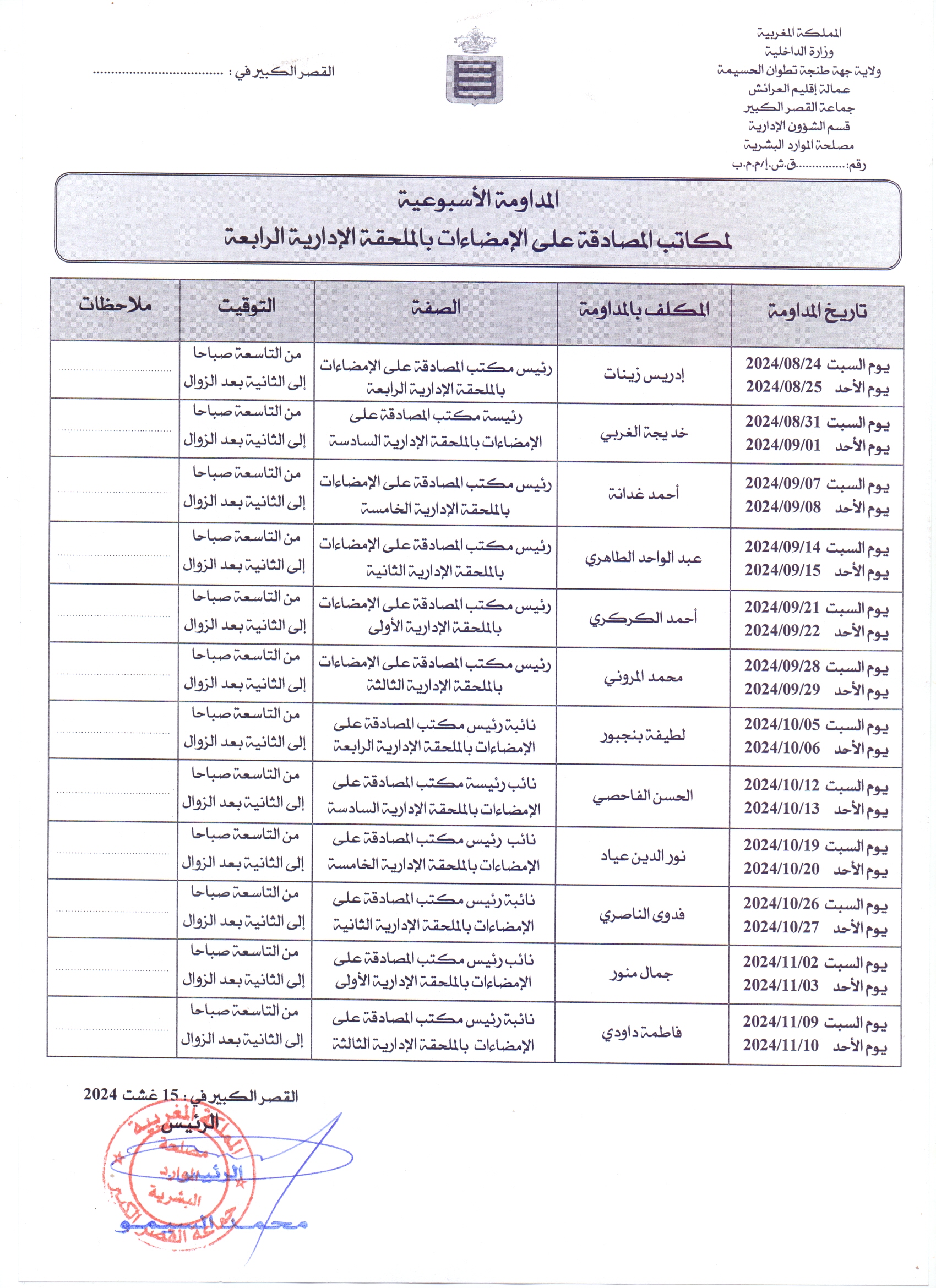 المداومة الاسبوعية لمكاتب المصادقة على الامضاءات بالملحقة الادارية الرابعة