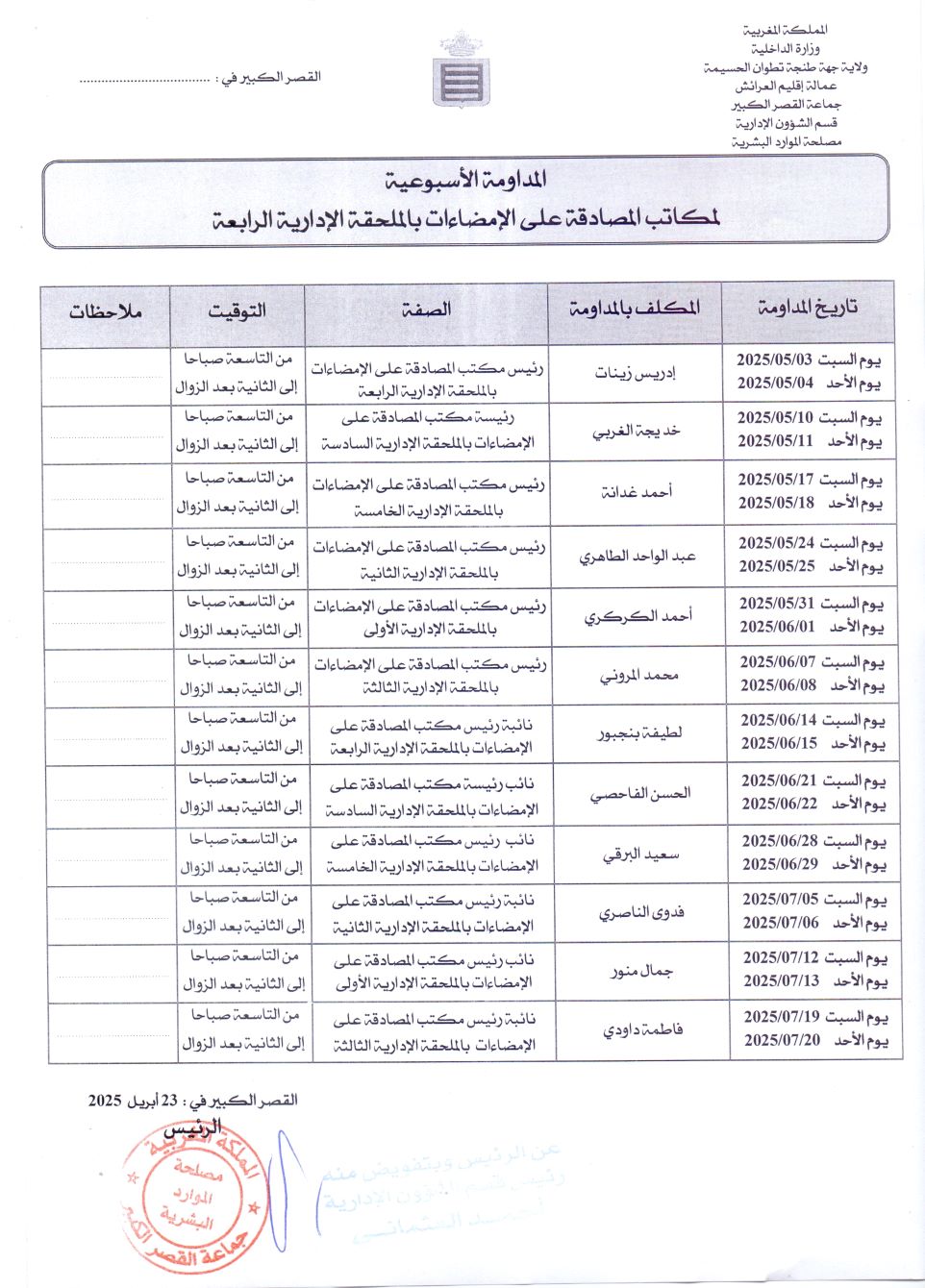 المداومة الاسبوعية لمكاتب المصادقة على الامضاءات