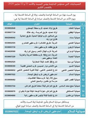 صيدليات الحراسة بالقصر الكبير يومي السيت والاحد 21 و 22 مارس 2020