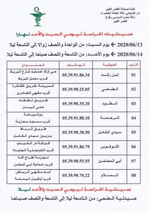 صيدلية الحراسة بالقصر الكبير يومي السبت 13 يونيو والأحد 14 يونيو 2020