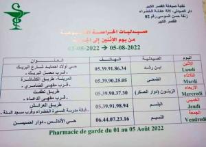 صيدلية الحراسة من يوم الاثنين 05-08-2022 الى غاية الجمعة 01-08-2022