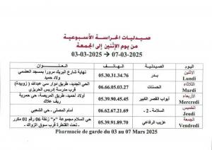 صيدليات الحراسة الاسبوعية من يوم الاثنين الى يوم الجمعة